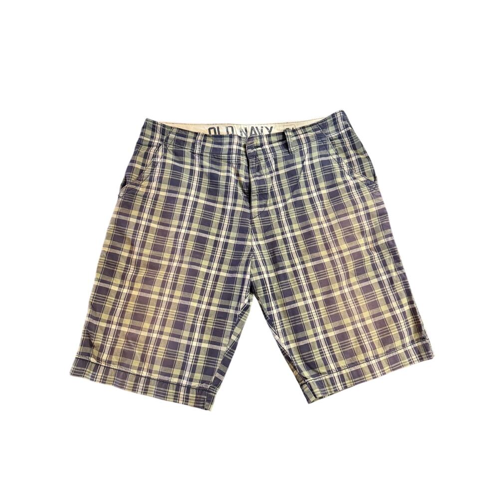 Old Navy Plaid Shorts Men's 34 Purple Green 100% Cotton 11" Inseam
